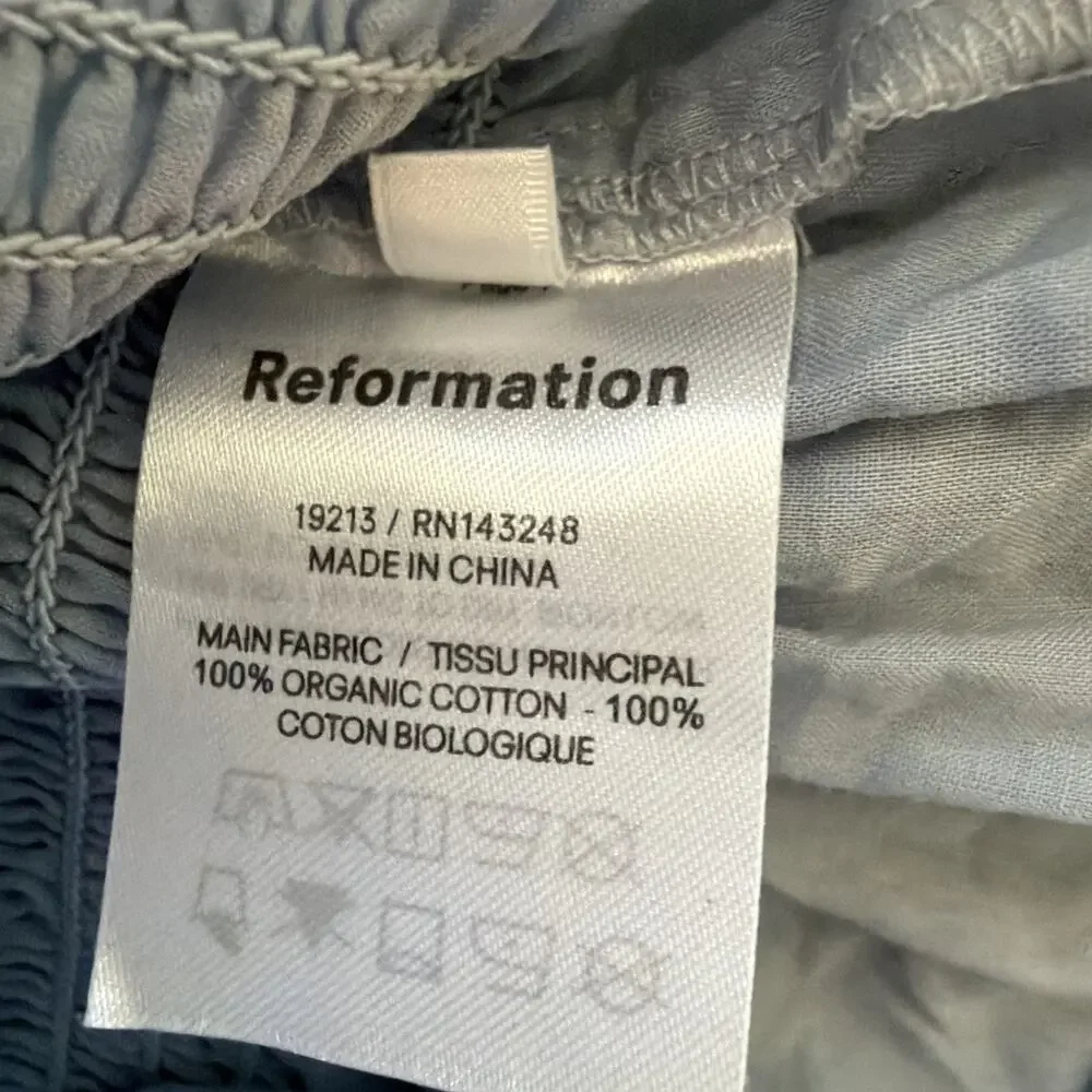Reformation‎ Roland XS blue Mineral Square Neck Smocked Ruffle Peasant Blouse